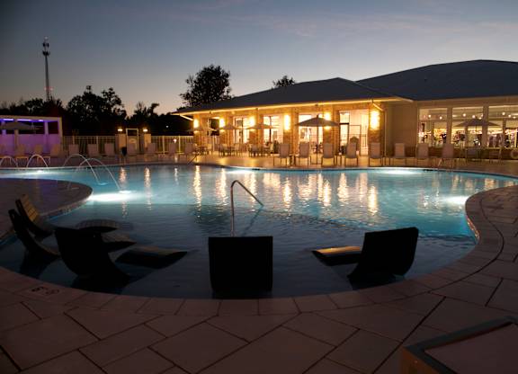 Pool View In Night at The Azul Apartment Homes, Oxford, MS
