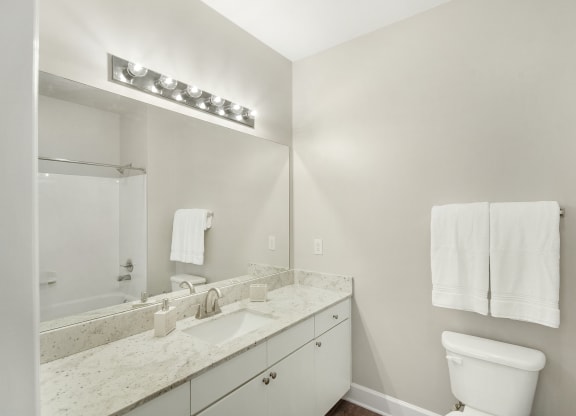Bathroom with a large mirror and a sink and a toilet at Highlands Apartment Homes, Bartlett, Tennessee