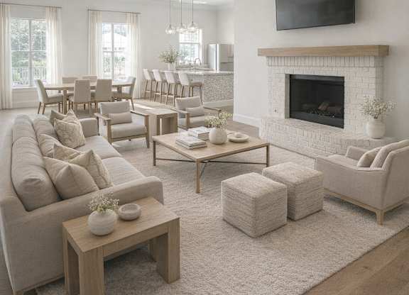 A modern living room with a fireplace and a flat screen TV mounted on the wall.