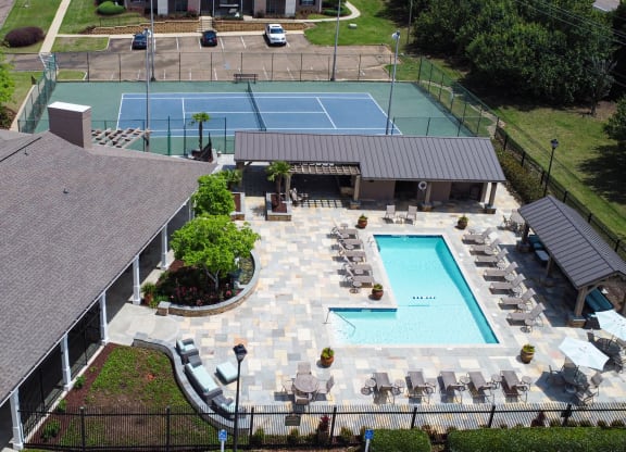 Aerial view of community pool at Highpointe Apartment Homes, Brandon, MS