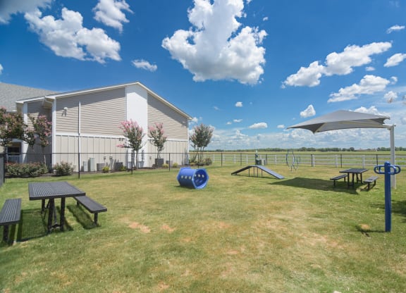 a picnic area with picnic tables and a building in the background at Reserve of Bossier City Apartment Homes in Bossier City, LA 