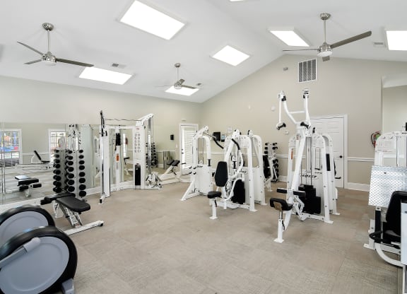 a gym with weights and cardio equipment in a home gym at Bridgewater Apartment Homes, Mississippi 39047