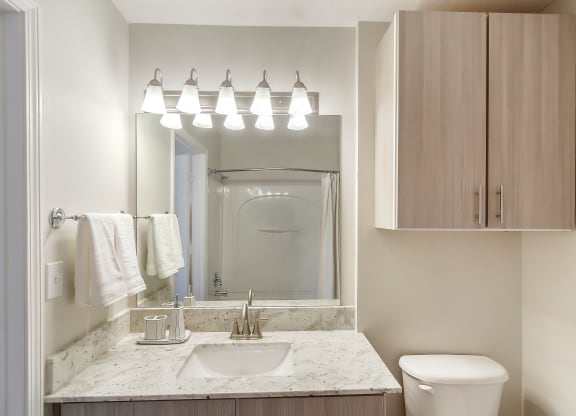 a bathroom with a sink and a mirror and a toilet at Bridgewater Apartment Homes, Brandon