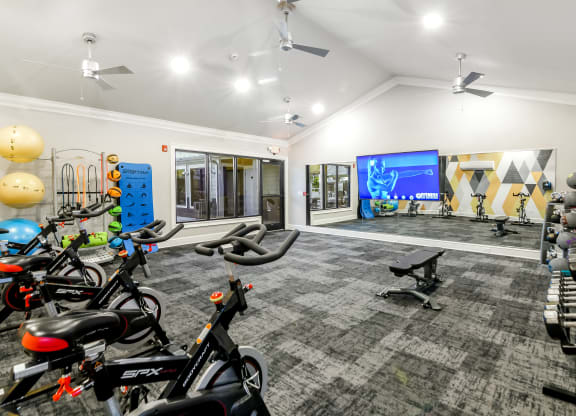 a home gym with bikes and weights and a television at Crossgates Apartment Homes, Starkville