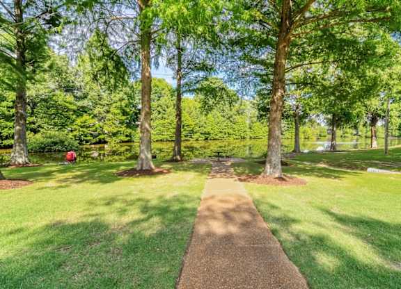 A pathway in a park with trees on either side.