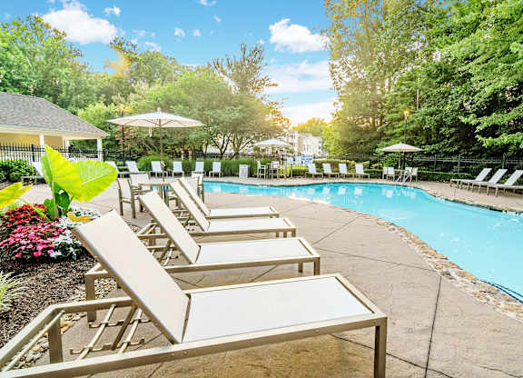 A pool surrounded by trees and chairs.