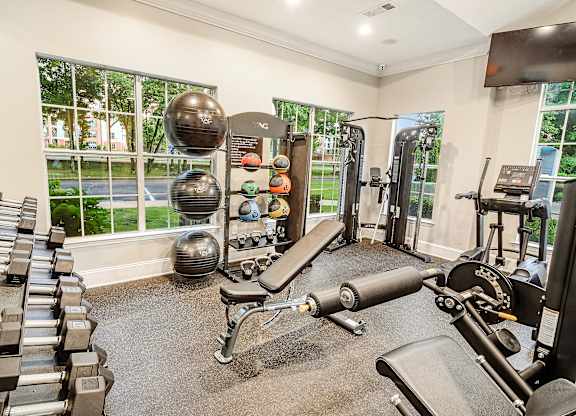 A gym with a variety of equipment including weights and a bench press.