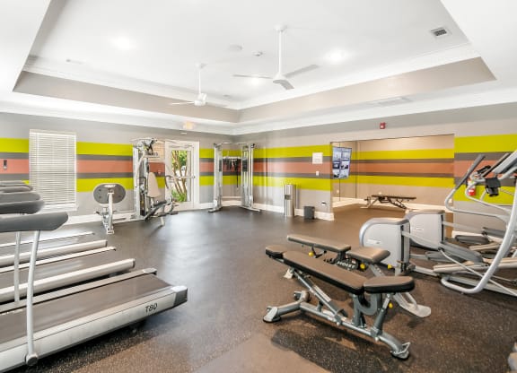 a gym with cardio equipment and weights in a building with yellow and whi at Avalon Apartments Starkville, MS