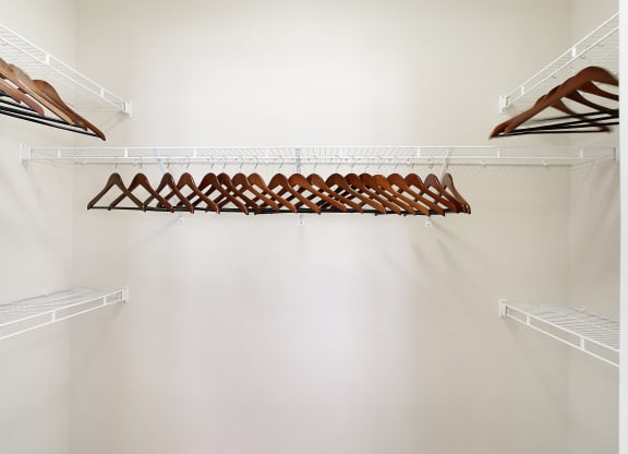 Walk in closet with shelves and hooks at Faulkner Flats Apartment Homes, Mississippi , 38655