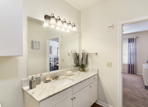 a bathroom with a large mirror and a sink at Landing at Willow Bayou in Bossier City, LA 