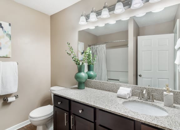 a bathroom with a mirror and a sink and a toilet at Reserve at Gulf Hills Apartment Homes in Ocean Springs, Mississippi