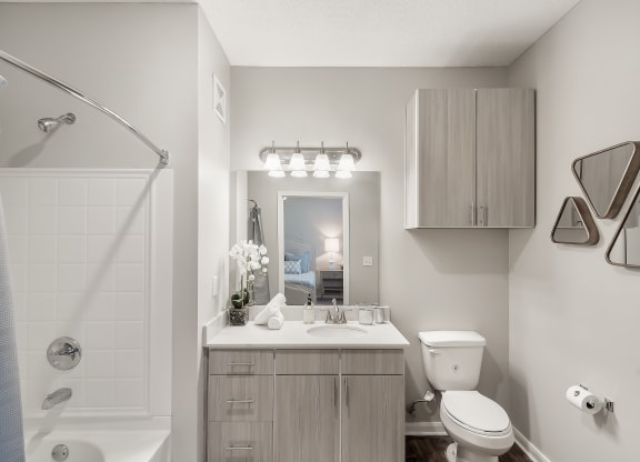 a bathroom with a shower toilet and sink and a mirror at Lagniappe of Biloxi Apartment Homes, Mississippi   , 39532