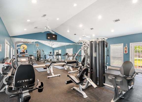 a gym with cardio machines and weights on the floor at The Pointe Apartment Homes in Mississippi 39553