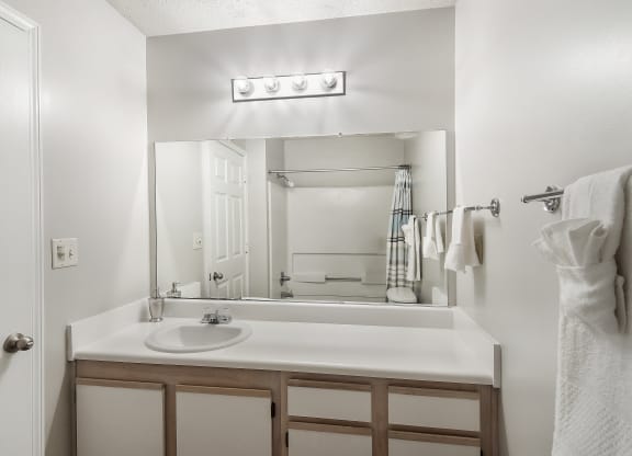 a small bathroom with a sink and a mirror at The Pointe Apartment Homes in Gautier, Mississippi 39553