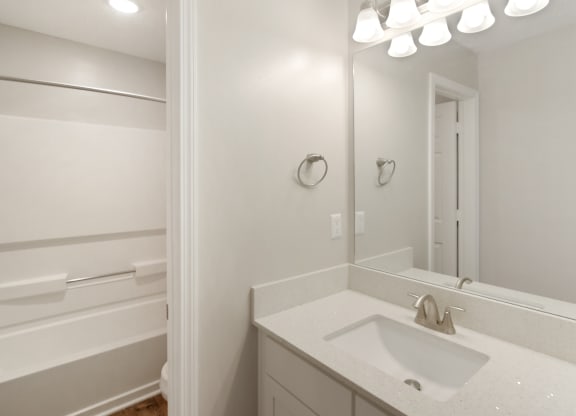 an empty bathroom with a sink and a mirror at The Woodlands Apartment Homes, Mississippi