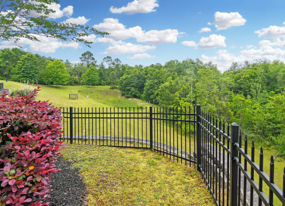 a wrought iron fence with a field behind it at Charleston Apartment Homes, Alabama