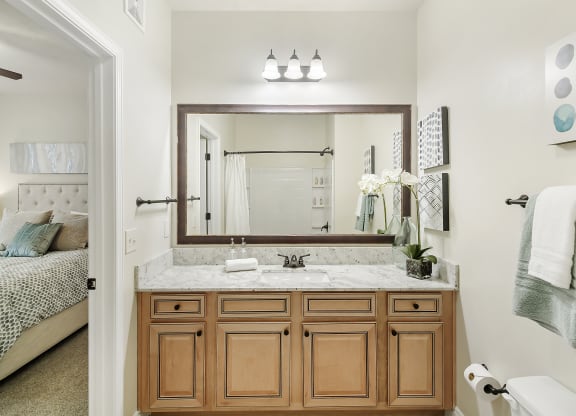 a bathroom with a sink and a mirror at Charleston Apartment Homes, Mobile, AL