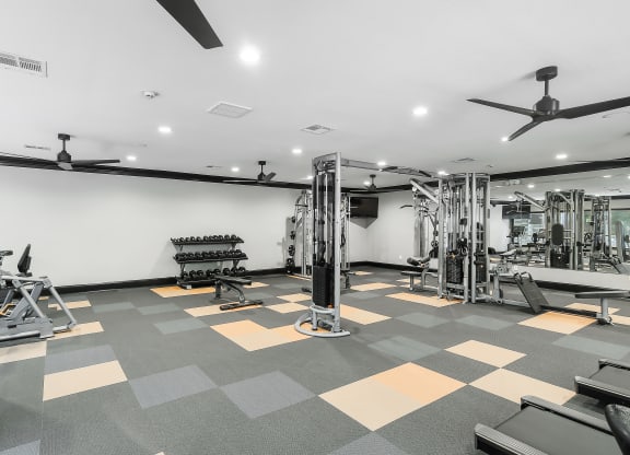 a gym with weights and cardio machines on the floor and a wall with a tv at The Woodlands Apartment Homes, Meridian, MS