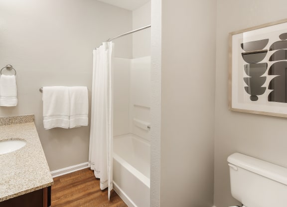 Bathroom with a shower and a sink and a toilet at Highpointe Apartment Homes, Brandon, 39042