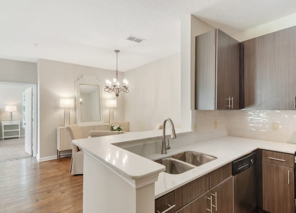 an open kitchen and living room with a large stainless steel sink at Legacy Apartments in Ridgeland, MS