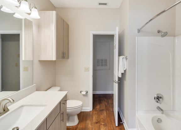 a bathroom with a sink and a toilet and a shower at Legacy Apartment Homes in Ridgeland, MS 