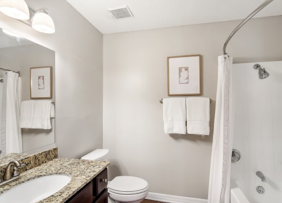 a bathroom with a large mirror and a sink and a toilet at Lakeshore Pointe Apartment Homes, Brandon, 39047