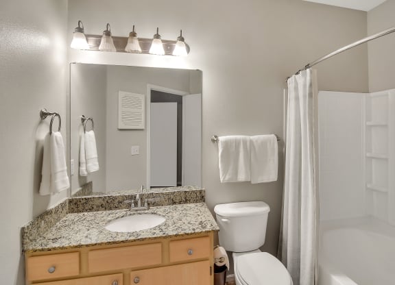 a bathroom with a sink toilet and a shower at Ashford Place Apartment Homes, Flowood, Mississippi