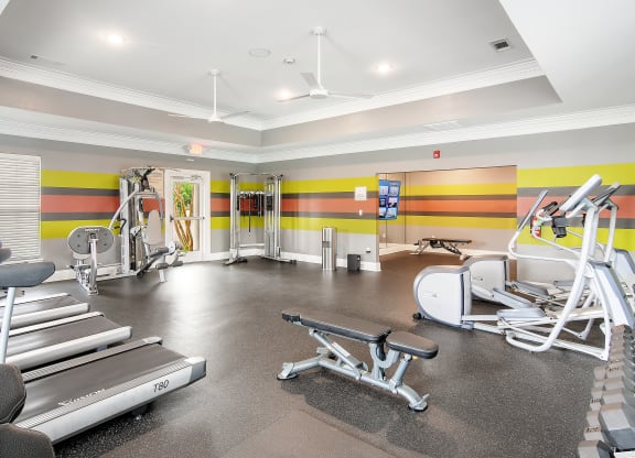 a gym with cardio equipment and weights in a building with yellow and orange walls at Avalon Apartment Homes, Starkville, MS, 39759