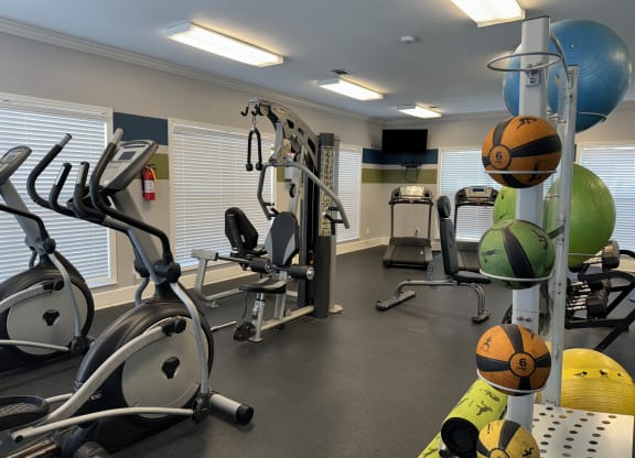 a gym with weights and cardio equipment at The Vineyard at Castlewoods Apartment Homes in Brandon, 39047