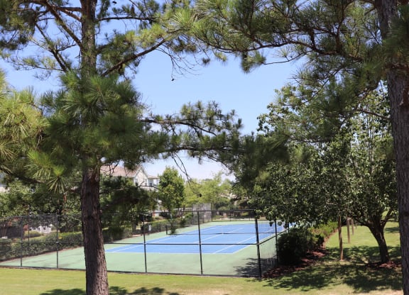 a tennis court in a park with trees at Reserve at Park Place Apartments, Hattiesburg