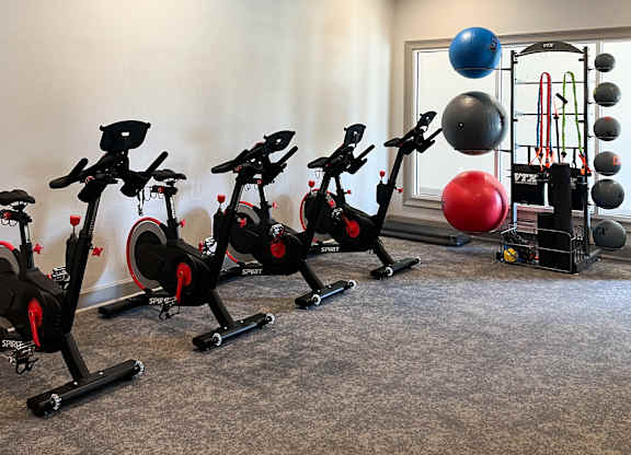 A room with exercise equipment and a fan.