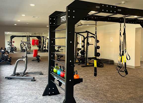 A TRX suspension trainer is hanging from a black frame in a gym.