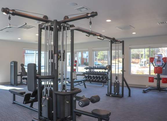 A gym with a variety of equipment including a squat rack and a bench.