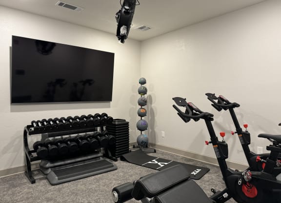 a gym with exercise equipment and a tv at Laurelwood Apartment Homes, Laurel, MS, 39440