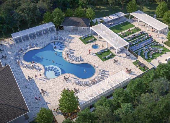 an aerial view of a resort pool with a poolside party area and a resort at The Azul Apartment Homes in Mississippi 38655