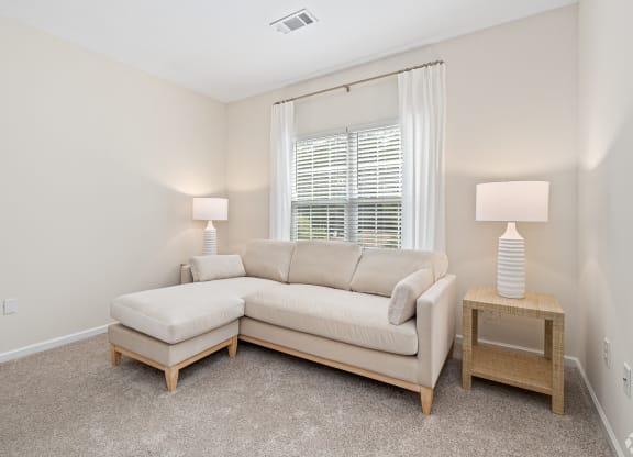 a living room with a couch and a window at The Met Apartment Homes, Hattiesburg, 39402