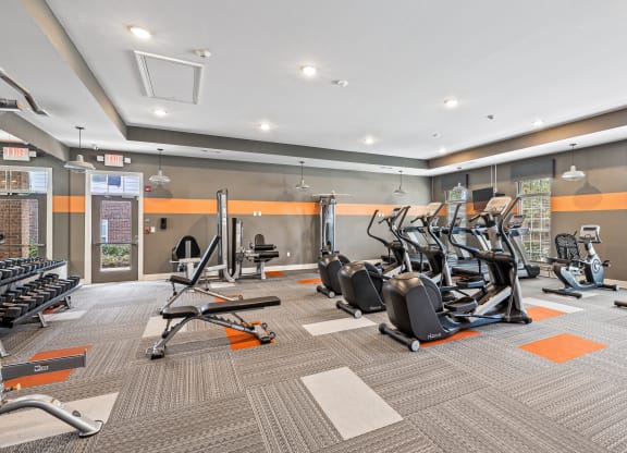 a gym with cardio equipment and weights at the apartments at The Met Apartment Homes, Mississippi