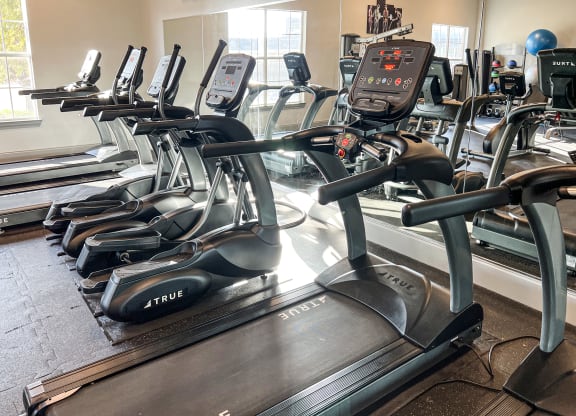 a row of treadmills in a fitness room with windows at The Madison Apartment Homes in Tyler, 75703