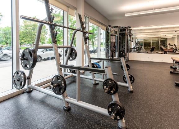 a gym with weights and cardio equipment in a building