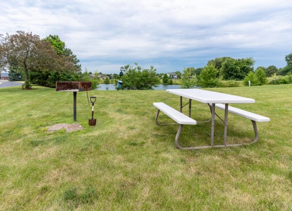 a picnic area with a table and a grill in a field