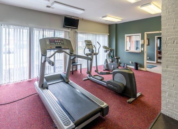 a gym with treadmills and other exercise equipment on a red rug