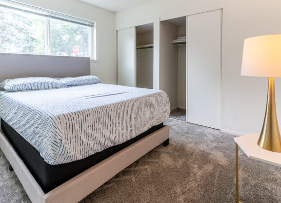 a bedroom with a bed and a closet