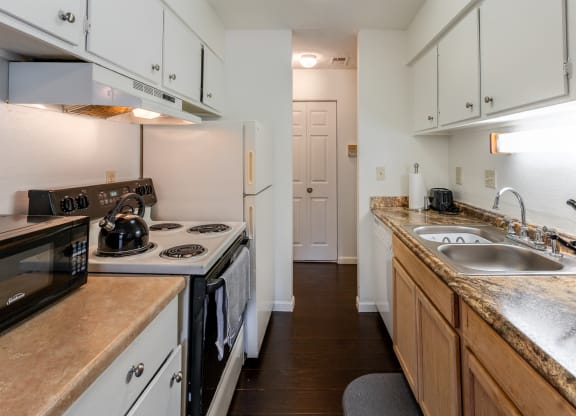 a kitchen with a stove and sink and a refrigerator