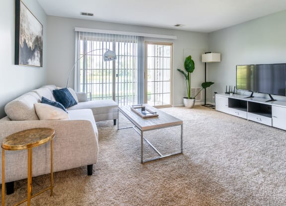 a living room with a couch and a coffee table