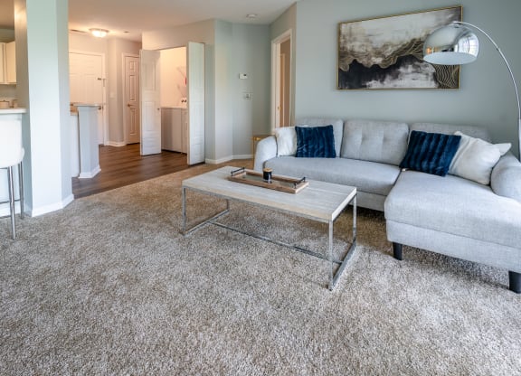a living room with a couch and a coffee table