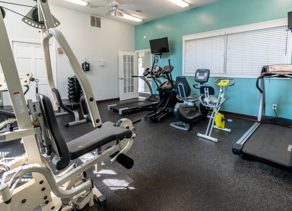 a gym with cardio equipment and weights on the floor
