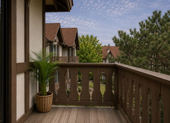 A balcony with a potted plant and a view of a house and trees.