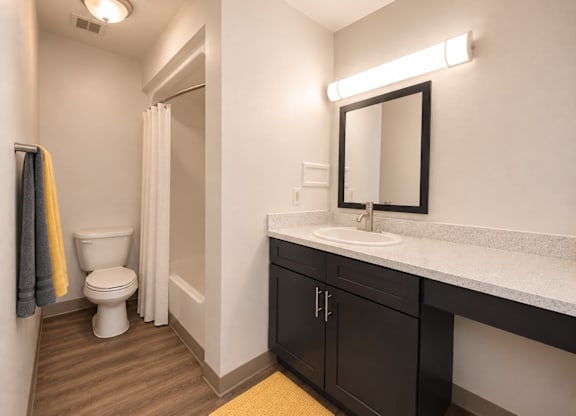 A bathroom with a toilet, sink, and mirror.