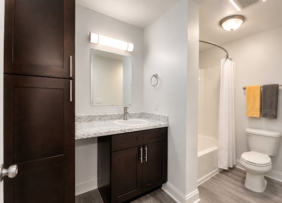 A bathroom with a sink, toilet, and shower.