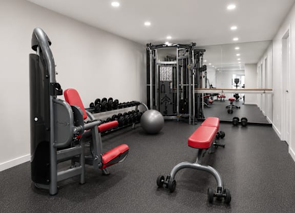 A gym with a variety of equipment including a leg press machine, a bench, and a ball.